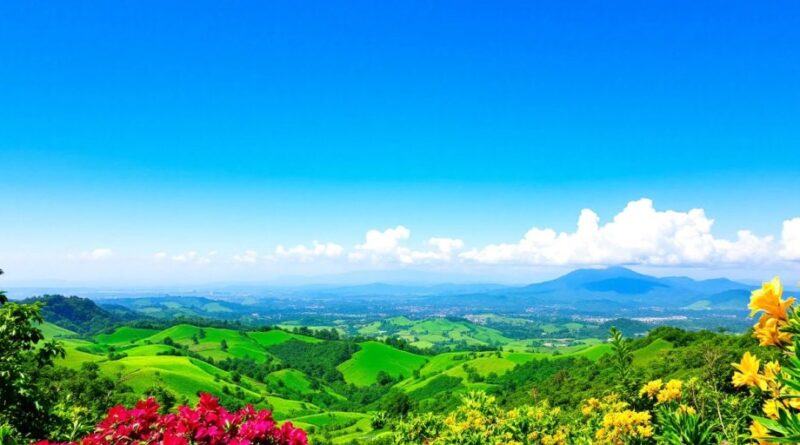 Pemandangan alam Sukamakmur dengan bukit hijau dan langit biru.