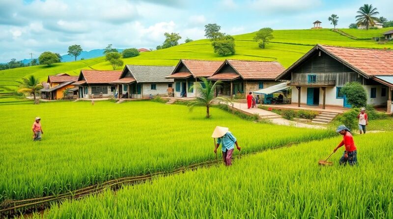 Pemandangan desa dengan ladang hijau dan rumah tradisional